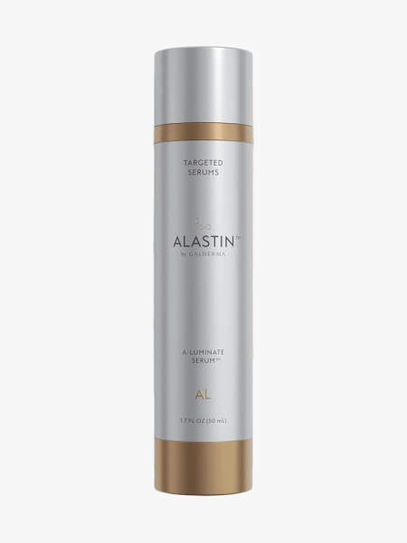 Alastin Skincare A-Luminate Face Serum in branded component on a light gray background